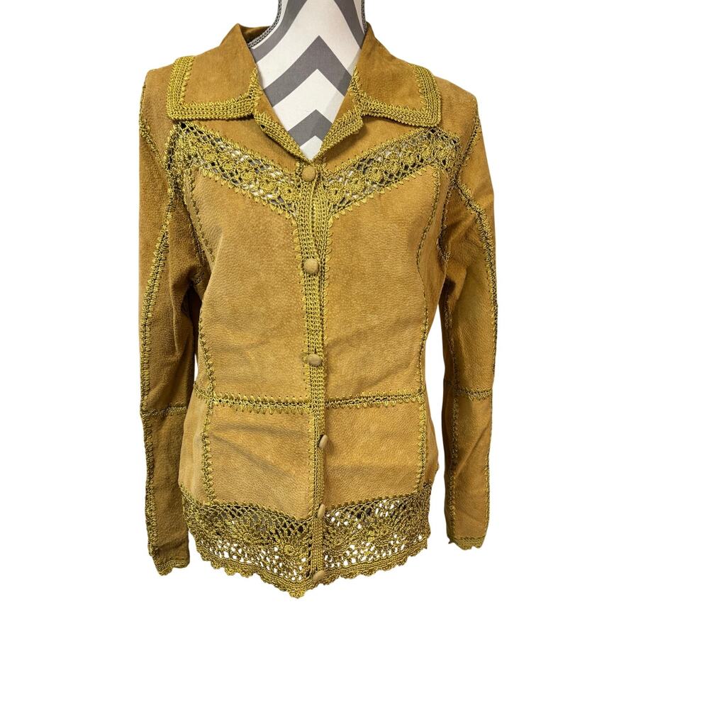 Vtg IDI by Mathew Suede Crochet Patchwork Jacket Boho Hippie Mustard Yellow Lg